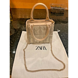 Zara Beaded Geometric Mini City Bag Champagne Satin Gold Chain Evening Crossbody